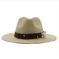 Detail of straw sun hat featuring leopard print ribbon and elegant pearl embellishments - M(56-58cm) / Beige