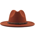 British style orange felt fedora with a studded leather belt and bronze metal buckle - M (56-58cm) / Caramel
