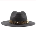 Cappello da sole in paglia nera da donna con nastro leopardato e perle decorative - M(56-58cm) / Nero