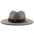 Detail of white straw fedora hat featuring leopard ribbon with pearl and floral accents - M(56-58cm) / Gray