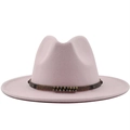 Detail of light pink wool fedora hat with brown leather band and gold rivet accents - M (56-58cm) / Pink