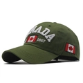 Close-up of olive green cotton baseball cap featuring white 3D Canada embroidery - Army Green