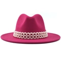 Magenta wool fedora hat with a wide brim and elegant triple-row faux pearl band decoration - M (56-58cm) / Rose Red