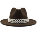 Dark brown wool felt fedora hat featuring a vintage white pearl beaded decorative band - M (56-58cm) / Coffee