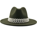 Detail shot of elegant dark green wool fedora hat featuring a white pearl beaded band - M (56-58cm) / Green