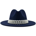 Detail shot of navy wool fedora with ornate white pearl band decoration - M (56-58cm) / Navy Blue