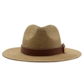 Detailed macro view of woven straw sun hat texture with brown leather belt and buckle - M (56-58cm) / Khaki