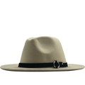 Classic beige wool felt jazz hat with flat brim and black ribbon featuring silver metal ring - M (56-58cm) / Beige