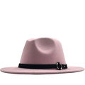 Pink wool fedora hat with flat brim and black ribbon featuring a silver metal buckle - M (56-58cm) / Pink
