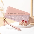Pink patchwork long wallet with glitter detail, rivets, and wristlet strap for women - Light Pink