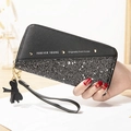 Portafoglio lungo nero da donna con cuciture di paillettes e cinturino da polso rimovibile - Nero