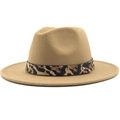 Classic camel wool fedora hat featuring a leopard print band and gold button detail - M (56-58cm) / Camel