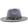 Classic grey wool fedora hat featuring a stylish leopard print band and gold buckle - M (56-58cm) / Gray