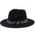 Detail of black wool fedora featuring a leopard print band and gold metal hardware - M (56-58cm) / Black