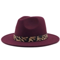 Macro shot of the burgundy wool fedora featuring leopard print band and metal stud - M (56-58cm) / Burgundy
