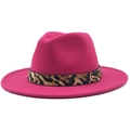 Detail of rose red fedora hat featuring a leopard print band and gold stud accent - M (56-58cm) / Rose Red