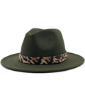 Cappello fedora in lana verde oliva con fascia leopardata e borchie dorate in metallo - M (56-58cm) / Verde