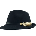 Cappello fedora classico in lana nera con decorazione fibbia in metallo piuma dorata - M(56-58cm) / Nero