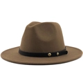 Dark brown wool fedora hat featuring a black leather band and gold rivet accents - Khaki