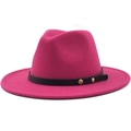 Fuchsia wool fedora hat with black leather band and two gold studs on a plain background - Rose Red