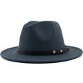 Dark blue wool felt fedora hat featuring a brown leather strap and bronze rivets - Dark Gray