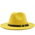 Cappello fedora classico in lana giallo brillante con tesa piatta e fascia in cuoio nero - M (56-58cm) / Giallo