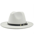 White wool felt fedora hat with flat wide brim and black leather belt gold stud trim - White