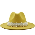 Elegant yellow wool fedora hat for women with luxury multi-layer pearl decorative band - L (58-60cm) / Yellow