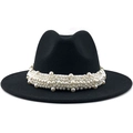 Detail of elegant black wide-brim felt hat with layered pearl trim and minimalist design - Black
