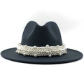 Detailed macro view of white faux pearl band on elegant black wide brim wool fedora hat - Dark Grey