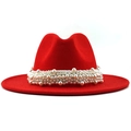 Detailed view of red fedora hat with white pearl trim and elegant wide brim felt - Red