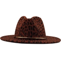 Leopard print wool fedora hat in brown and red with a gold metallic decorative band - Burgundy