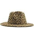 Classic leopard print wool fedora hat with a flat brim and camel base for men and women - Camel