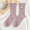 Pale purple lace socks with daisy embroidery and ribbed texture in soft lighting - One Size / Light Purple