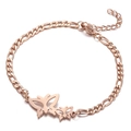 Detail of rose gold butterfly bracelet with Figaro chain and adjustable lobster clasp - Double Butterfly / Rose Gold