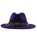 Dark purple wool fedora hat featuring a bohemian ethnic band with tassels and turquoise - Purple