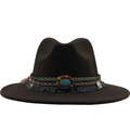 Dark brown wide brim wool fedora hat featuring ethnic style turquoise and beaded band - Coffee
