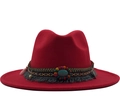 Detailed view of red wide brim fedora with ethnic turquoise beaded band and grey tassel - M (56-58cm) / Red