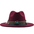 Ethnic burgundy wool fedora hat with turquoise beads and tassel decoration - Burgundy