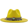 Yellow wool felt fedora hat with bohemian ethnic beaded band and turquoise accent - M (56-58cm) / Yellow