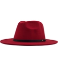 Close-up of wide-brimmed burgundy wool fedora with black leather band and gold stud - M(56-58cm) / Red