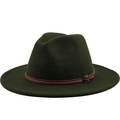 Dark green wool fedora hat with a classic brown leather band and metal buckle - M (56-58cm) / Green