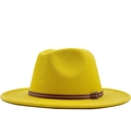 Detail of yellow wool fedora hat featuring a brown leather decorative belt and metal buckle - M (56-58cm) / Yellow