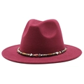 Wine red wide brim wool fedora hat with bohemian beaded band for women and men - Burgundy