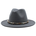 Detail of dark grey wool fedora hat featuring an intricate beaded band with wood and metal beads - Dark Gray
