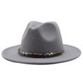 Close-up of grey wool fedora with bohemian beaded band featuring metallic and wood accents - Light Gray