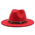 Detail of red wool fedora featuring woven band with turquoise stones and gold rivets - M (55-58cm) / Red