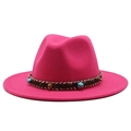 Detail of rose red wool fedora featuring bohemian braided band with turquoise beads - Rose Red
