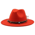 Classic bright red wide-brim wool fedora hat with ethnic turquoise beaded band - Orange Red