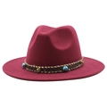 Close-up of wine red fedora hat with turquoise stone and golden stud woven band detail - Burgundy
